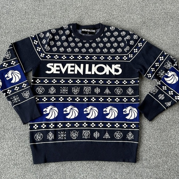 Seven Lions Other - Seven Lions Sweater Mens XL Navy Blue Knit Crewneck Holiday EDM Rave Graphic